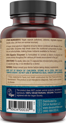 DEVA Complément Alimentaire Vegan Enzymes Plus 90 Capsules avec étiquette