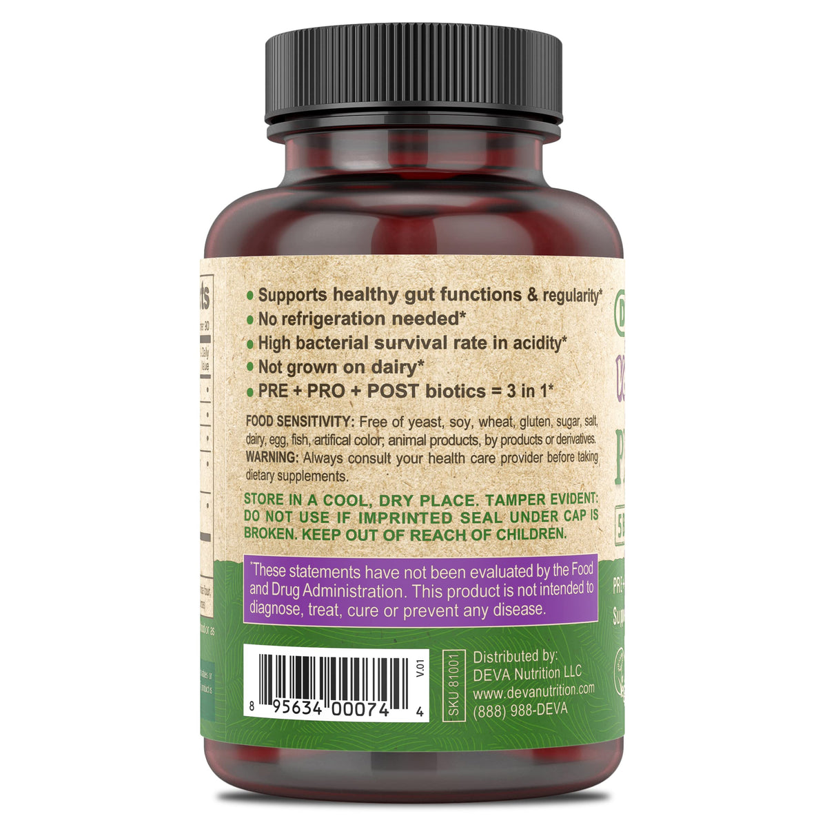 DEVA Complément Alimentaire Végétalien Probiotique 90 Capsules avec étiquette