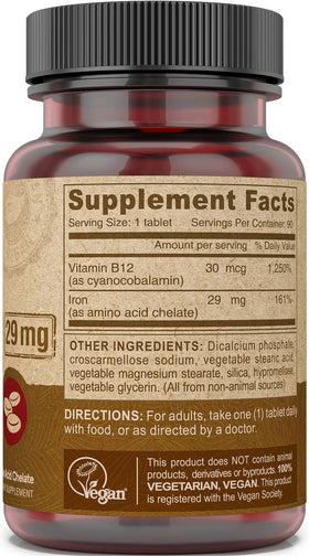 DEVA Fer Chélaté Vegan 29 mg avec B-12 - comprimés dans la main