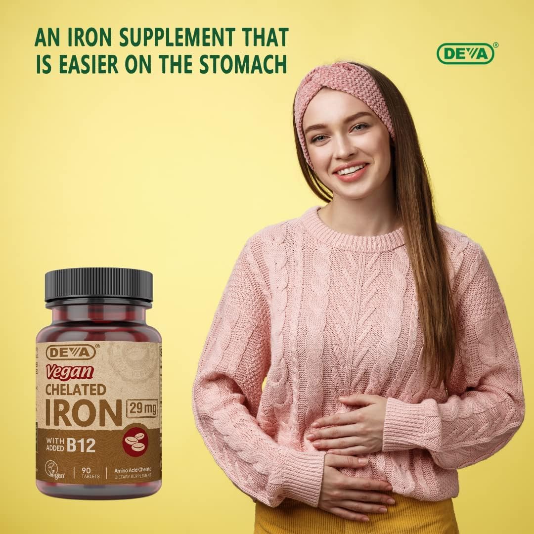 DEVA Fer Chélaté Vegan 29 mg avec B-12 - comprimés et bouteille