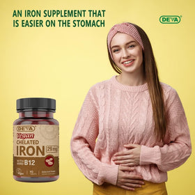 DEVA Fer Chélaté Vegan 29 mg avec B-12 - comprimés et bouteille