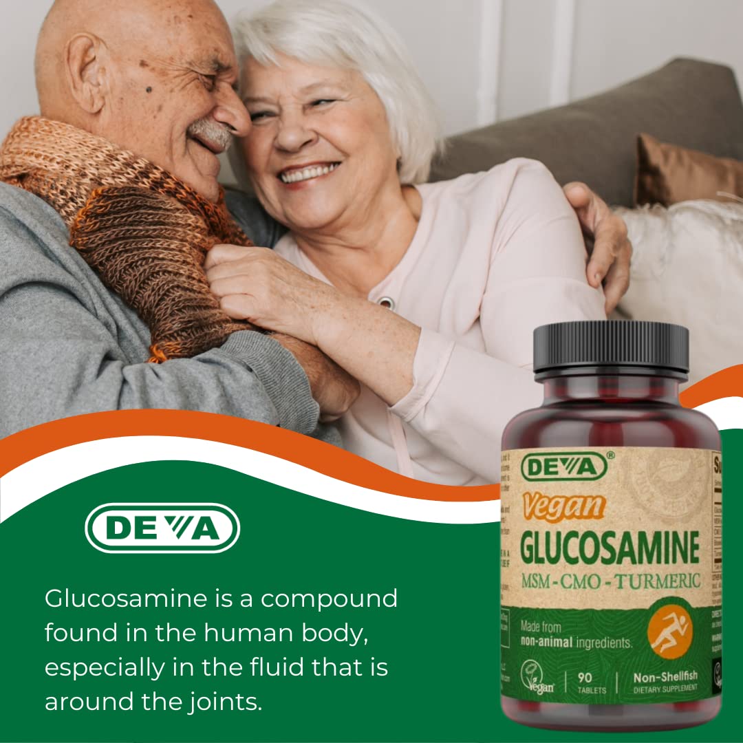 DEVA Glucosamine-MSM-CMO 90 comprimés en avant-plan sur une table