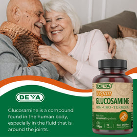 DEVA Glucosamine-MSM-CMO 90 comprimés en avant-plan sur une table