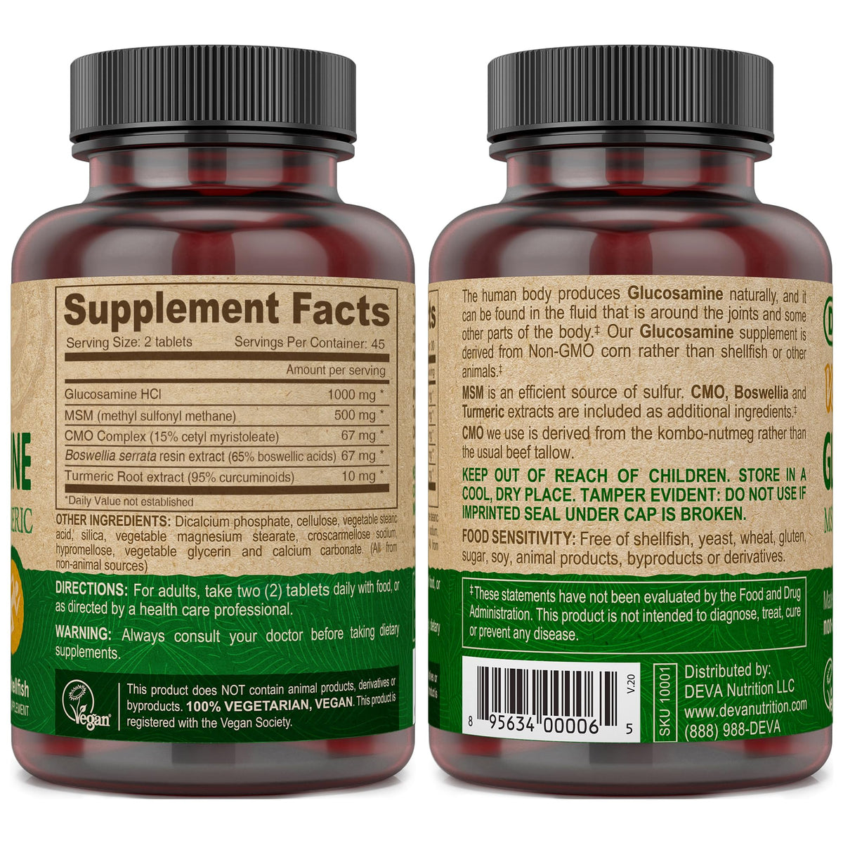 DEVA Glucosamine-MSM-CMO 90 comprimés, ingrédients sur l'étiquette