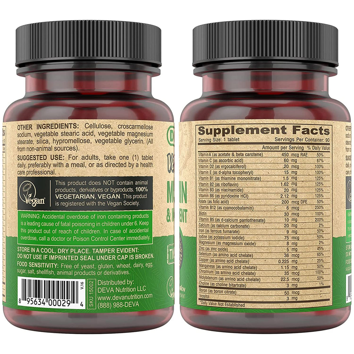DEVA Multivitamines Vegan 90 Tablettes vue arrière
