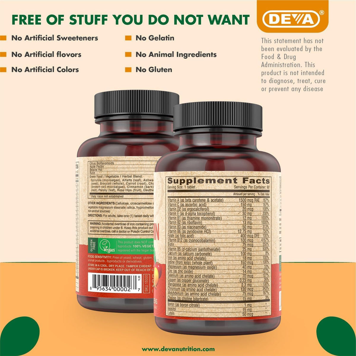 DEVA Multivitamines Végétalien 90 Comprimés - Vue latérale de l'emballage