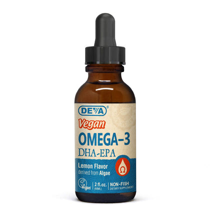DEVA Omega-3 Liquide DHA EPA 132g vue avant avec étiquette citronné