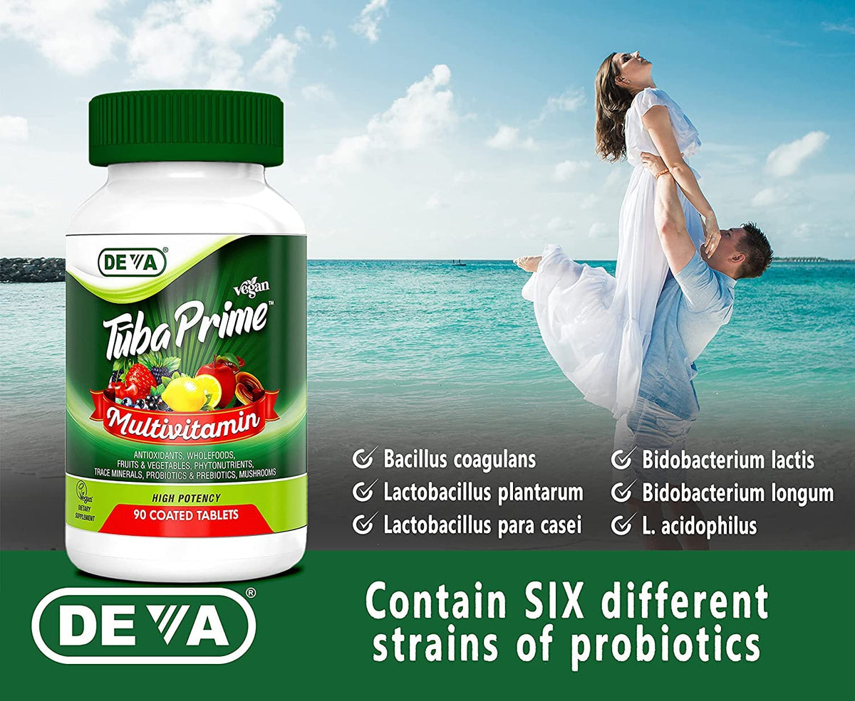 DEVA Tuba Multivitamine Végétalienne sur une table en bois
