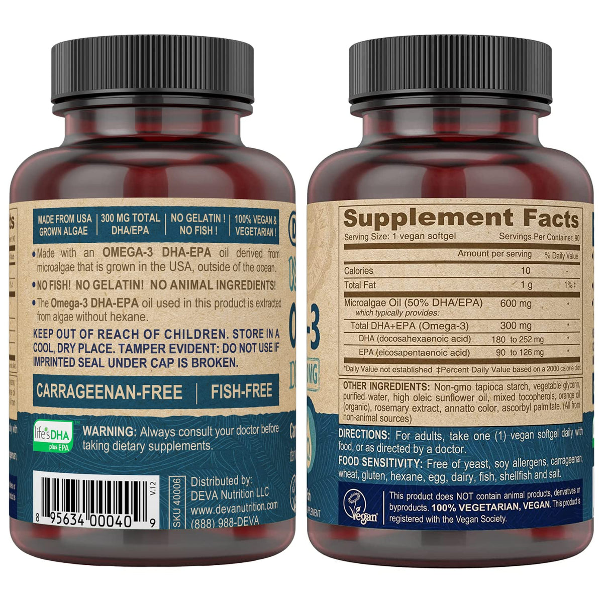 DEVA Vegan Omega-3 DHA-EPA 300mg, ingrédients sur l'emballage