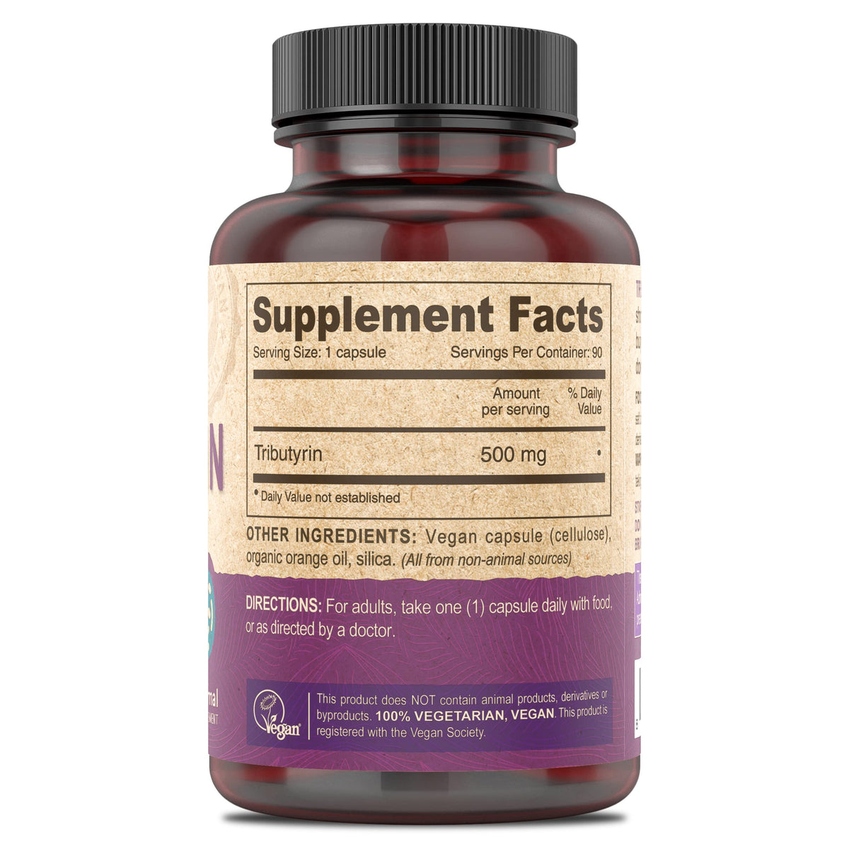 DEVA Vegan Tributyrin 500 MG capsules side view