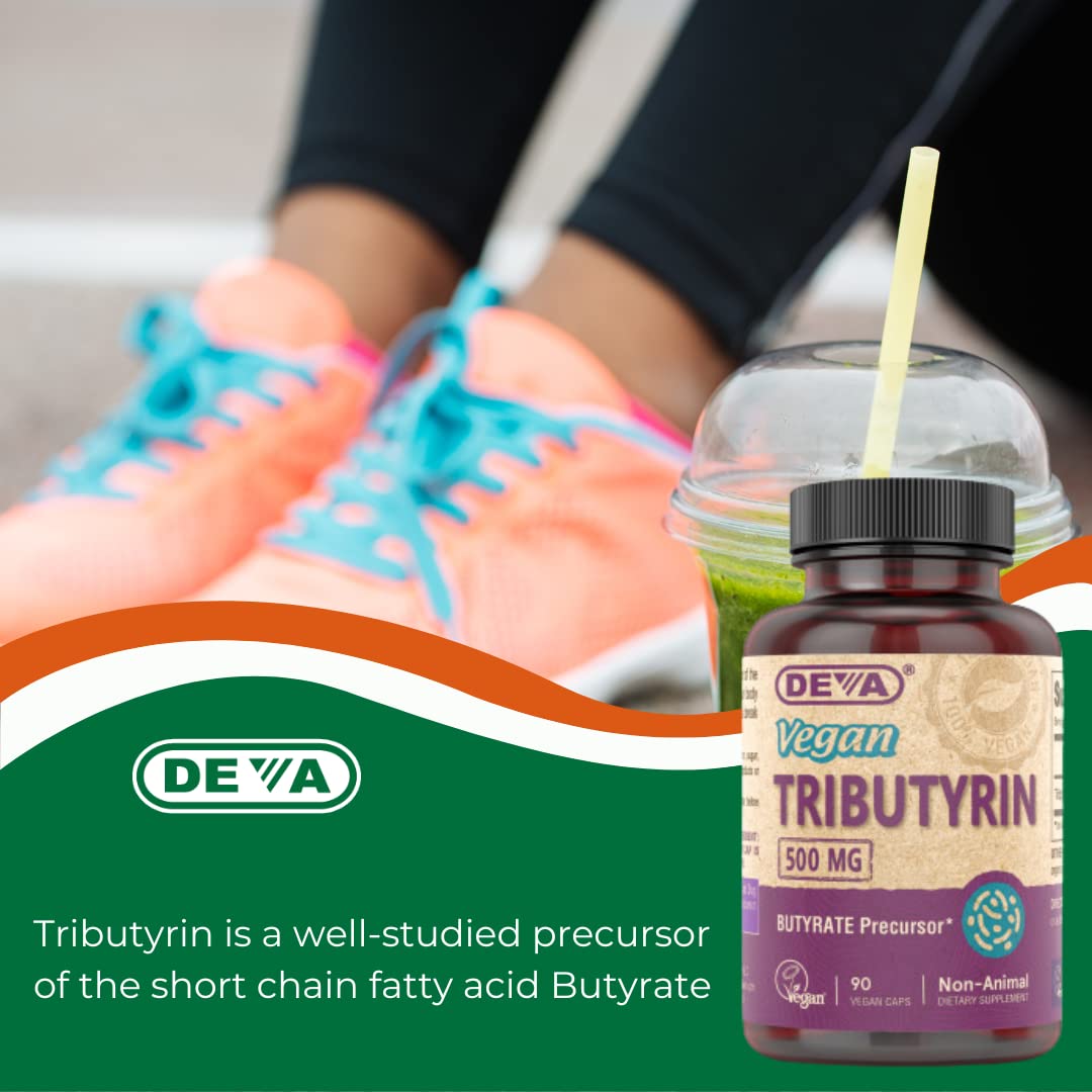 DEVA Vegan Tributyrin 500 MG capsules with a measuring spoon
