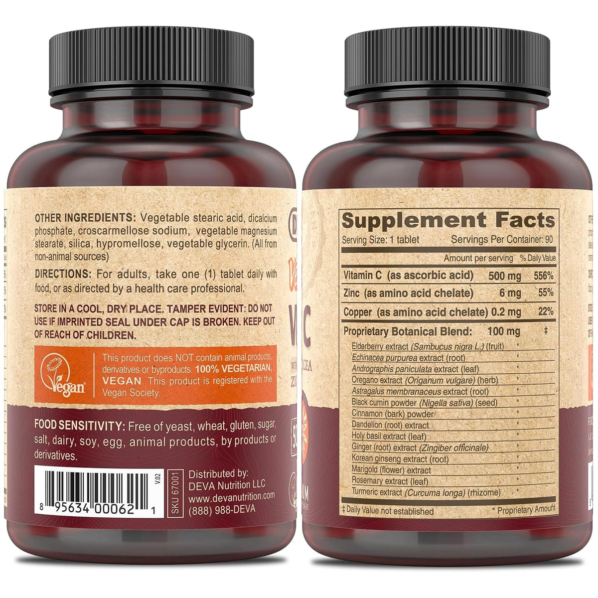 DEVA Vitamine C 500mg Vegan emballage avec ingrédients