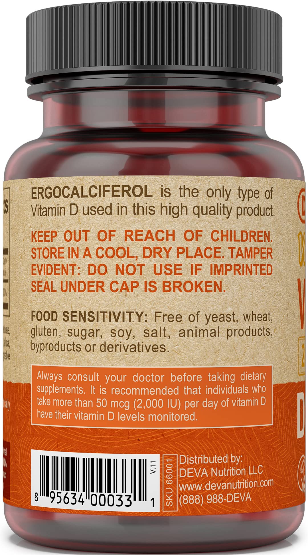 DEVA Vitamine D2 2400 UI, emballage avec informations nutritionnelles
