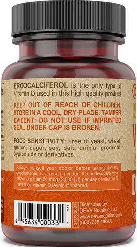 DEVA Vitamine D2 2400 UI, emballage avec informations nutritionnelles