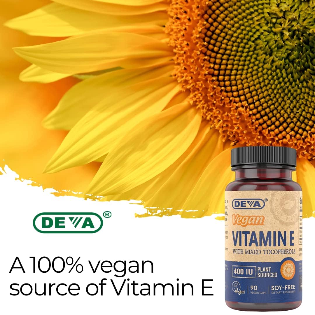 DEVA Vitamine E 400UI avec des tournesols en arrière-plan