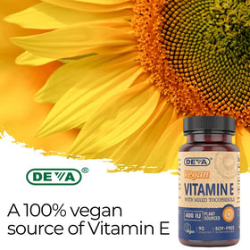 DEVA Vitamine E 400UI avec des tournesols en arrière-plan