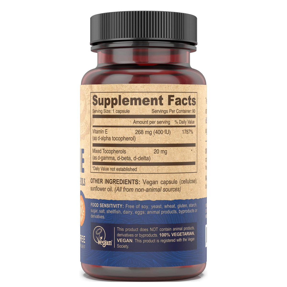 DEVA Vitamine E 400UI côté du boîtier montrant les spécifications