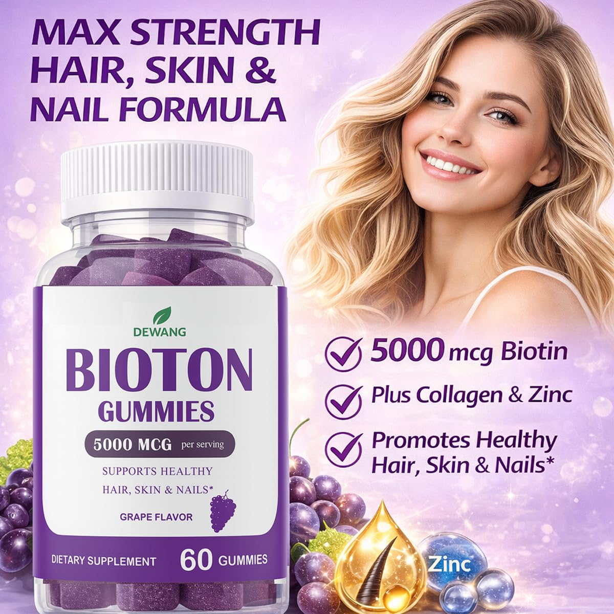 DEWANG Gummies de Biotine 5000 mcg avec un verre d'eau