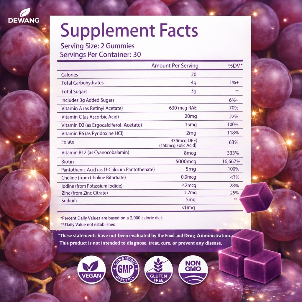 DEWANG Gummies de Biotine 5000 mcg en gros plan sur une main