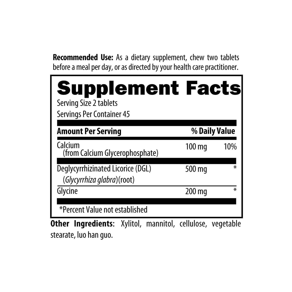 DGL Synergy 500mg Racine de Réglisse à Mâcher - ingrédients sur l'emballage