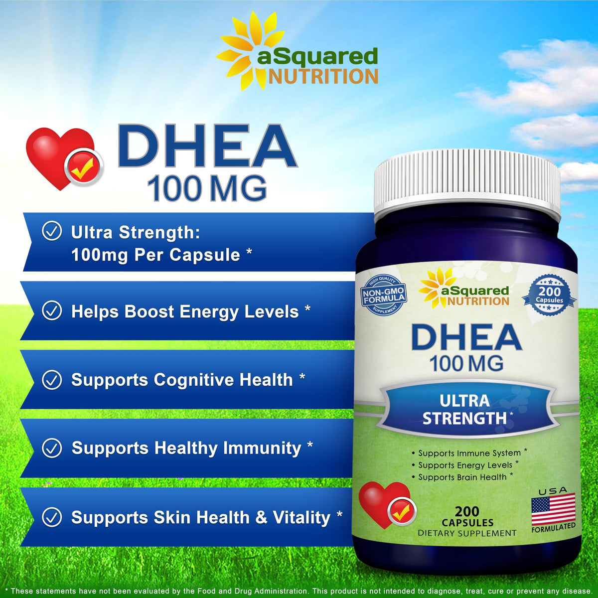 DHEA 100mg aSquared Nutrition flacon ouvert avec capsules