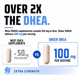 DHEA 100mg de Sheer Strength Labs en gros plan sur l'étiquette