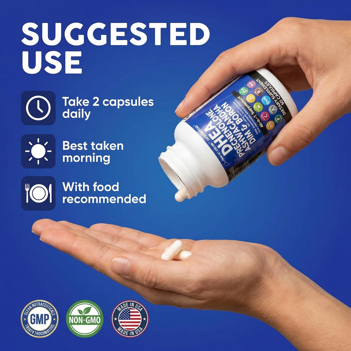 DHEA 200mg Clean Nutraceuticals, capsules à côté d'un verre d'eau