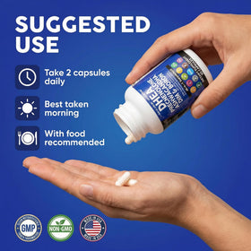 DHEA 200mg Clean Nutraceuticals, capsules à côté d'un verre d'eau