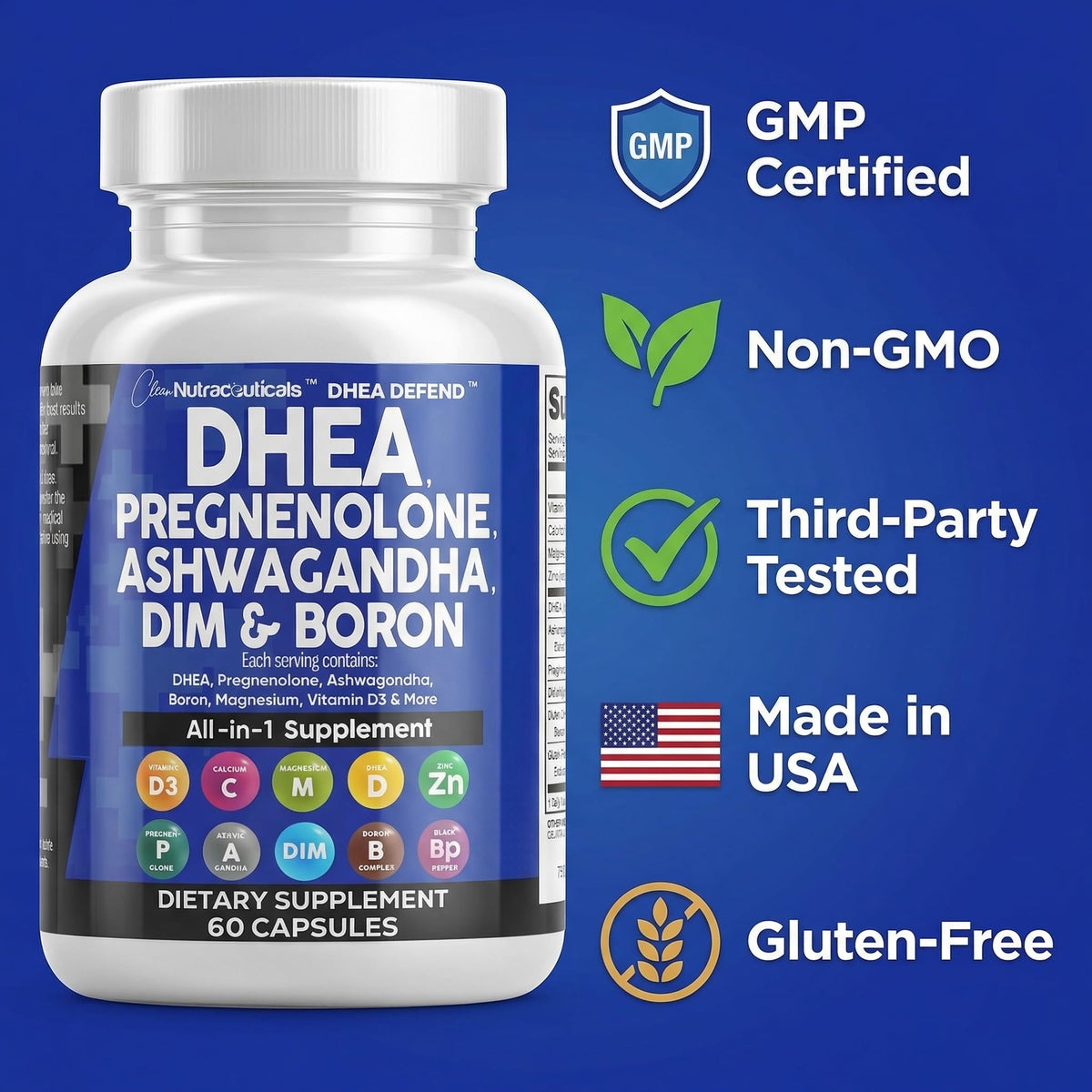 DHEA 200mg Clean Nutraceuticals, vue de côté du flacon
