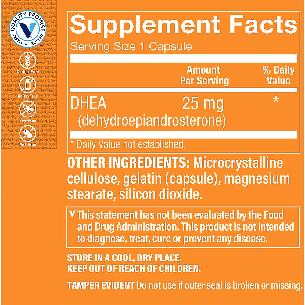 DHEA 25MG 120 Capsules de The Vitamin Shoppe, vue latérale avec étiquette