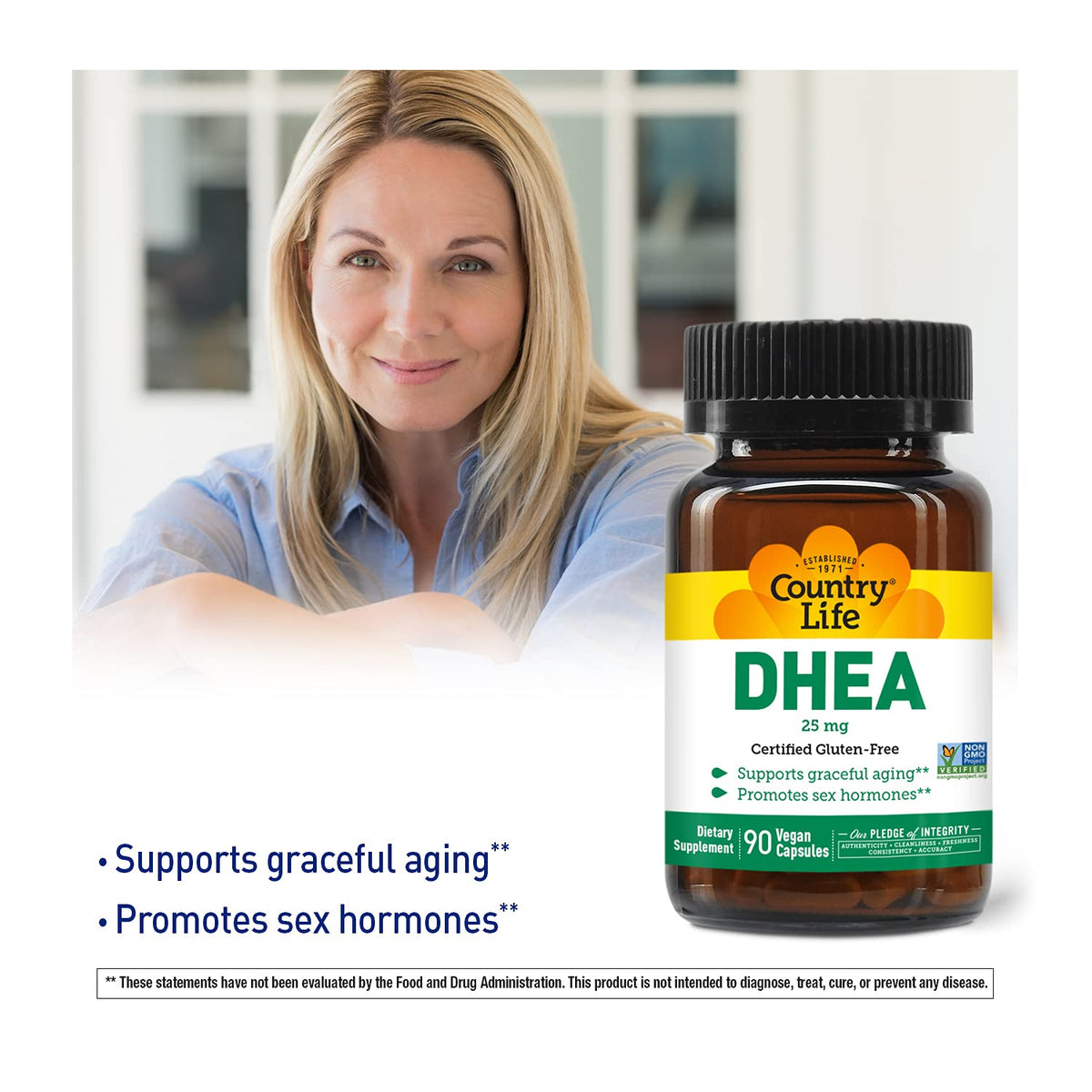 DHEA 25mg Country Life, capsules à côté d'un verre d'eau