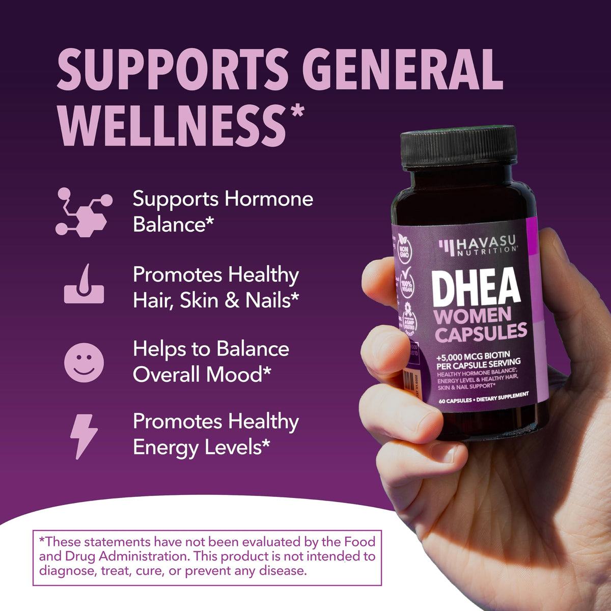 DHEA HAVASU NUTRITION 5000mcg Biotine capsules sur table