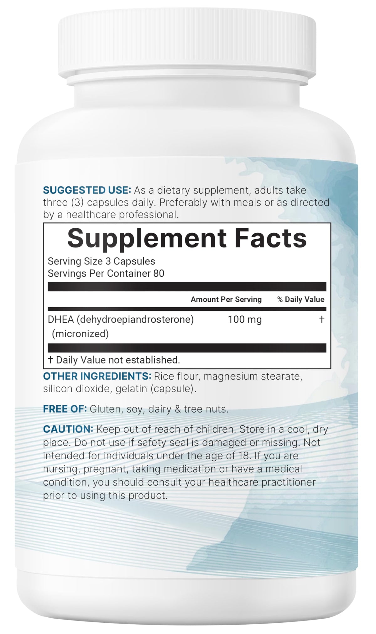 DHEA Micro Ingredients 100mg capsules sur une table en bois