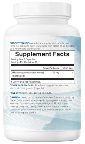DHEA Micro Ingredients 100mg capsules sur une table en bois