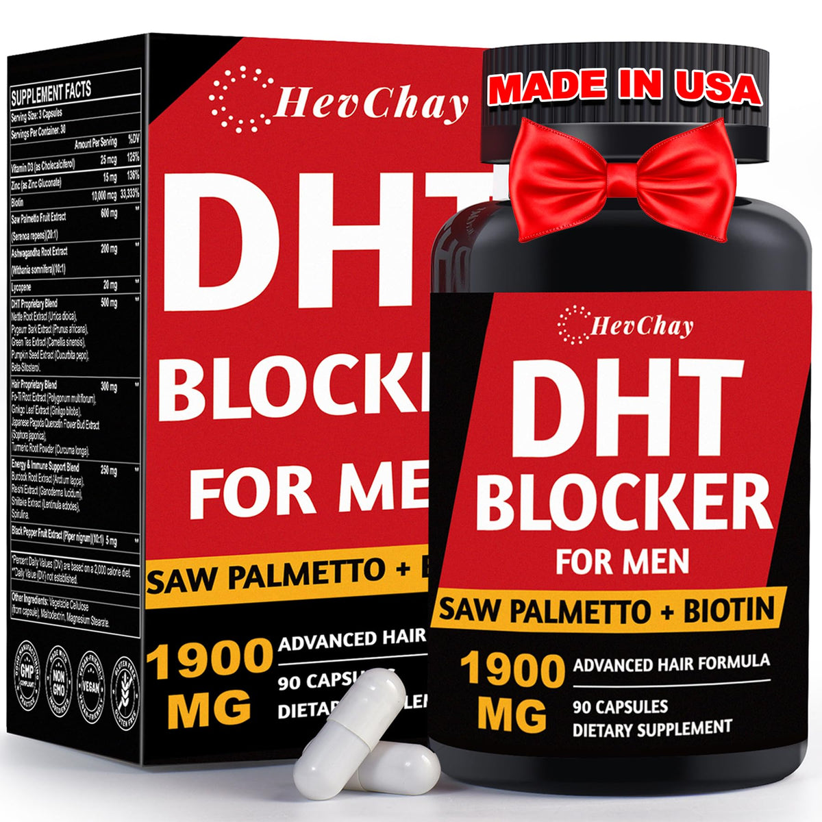 DHT Blocker HevChay 600mg Saw Palmetto 10000mcg Biotin vue de face