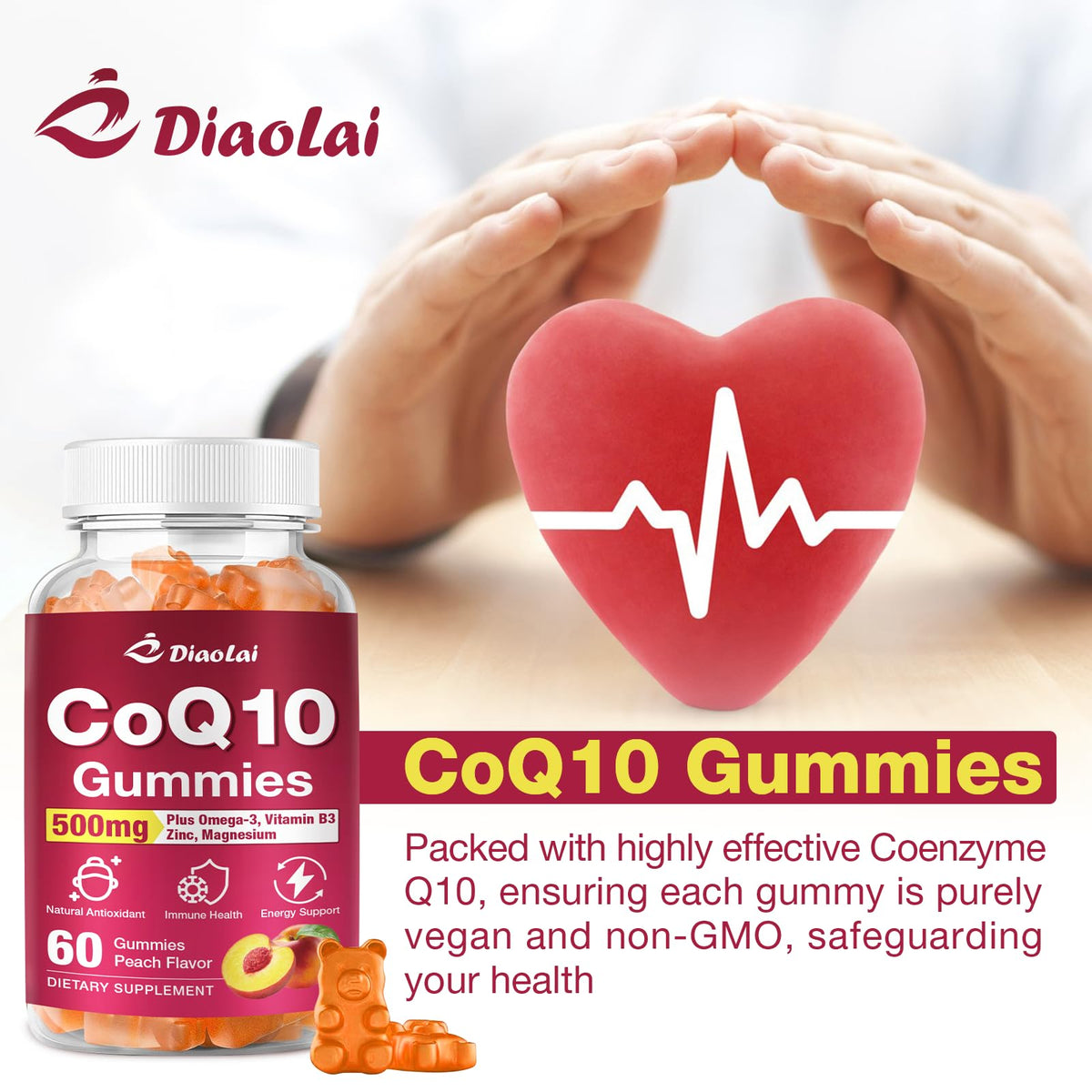 DIAOLAI Gélules de CoQ10 500mg gummies orange avec une bouteille d'eau