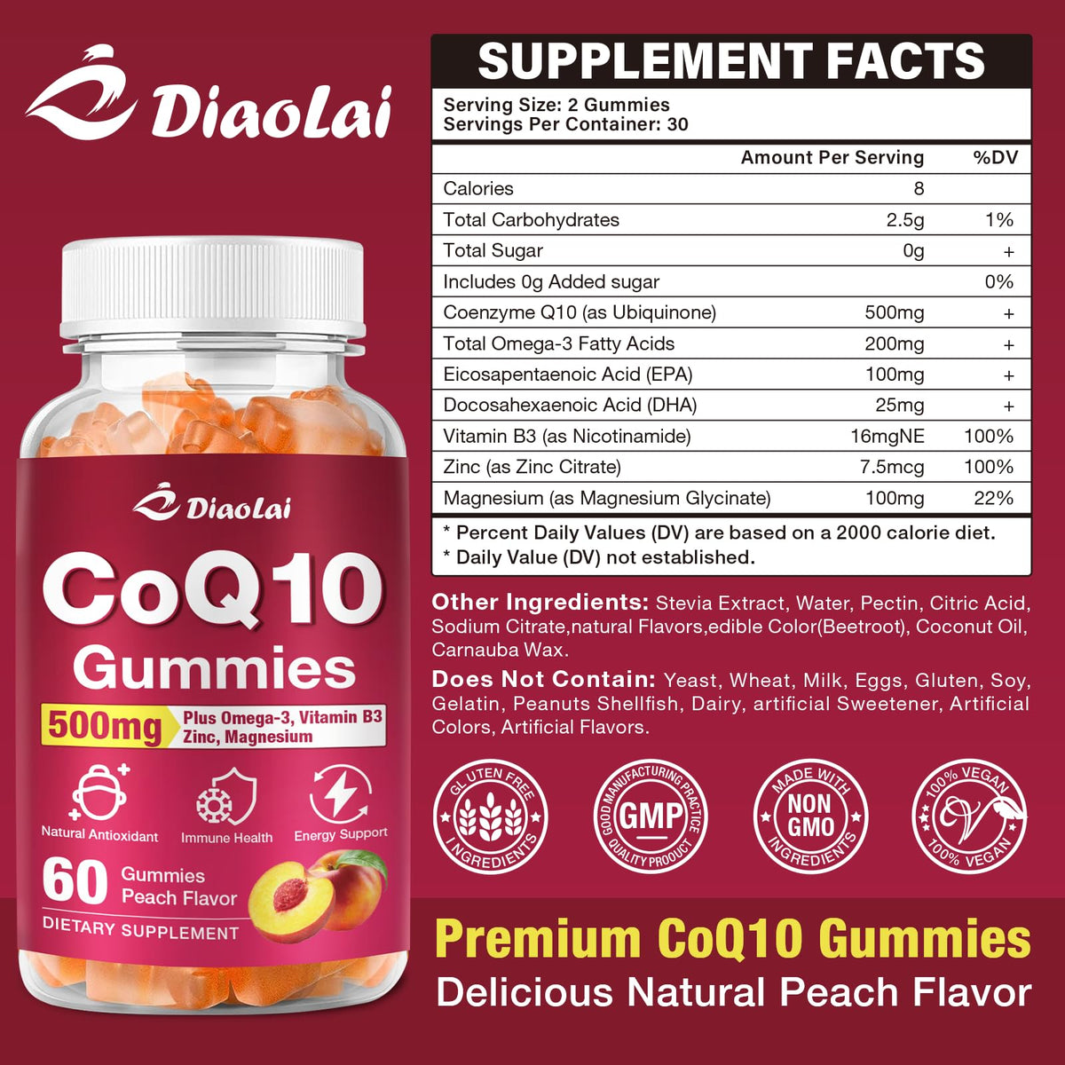 DIAOLAI Gélules de CoQ10 500mg gummies orange en gros plan