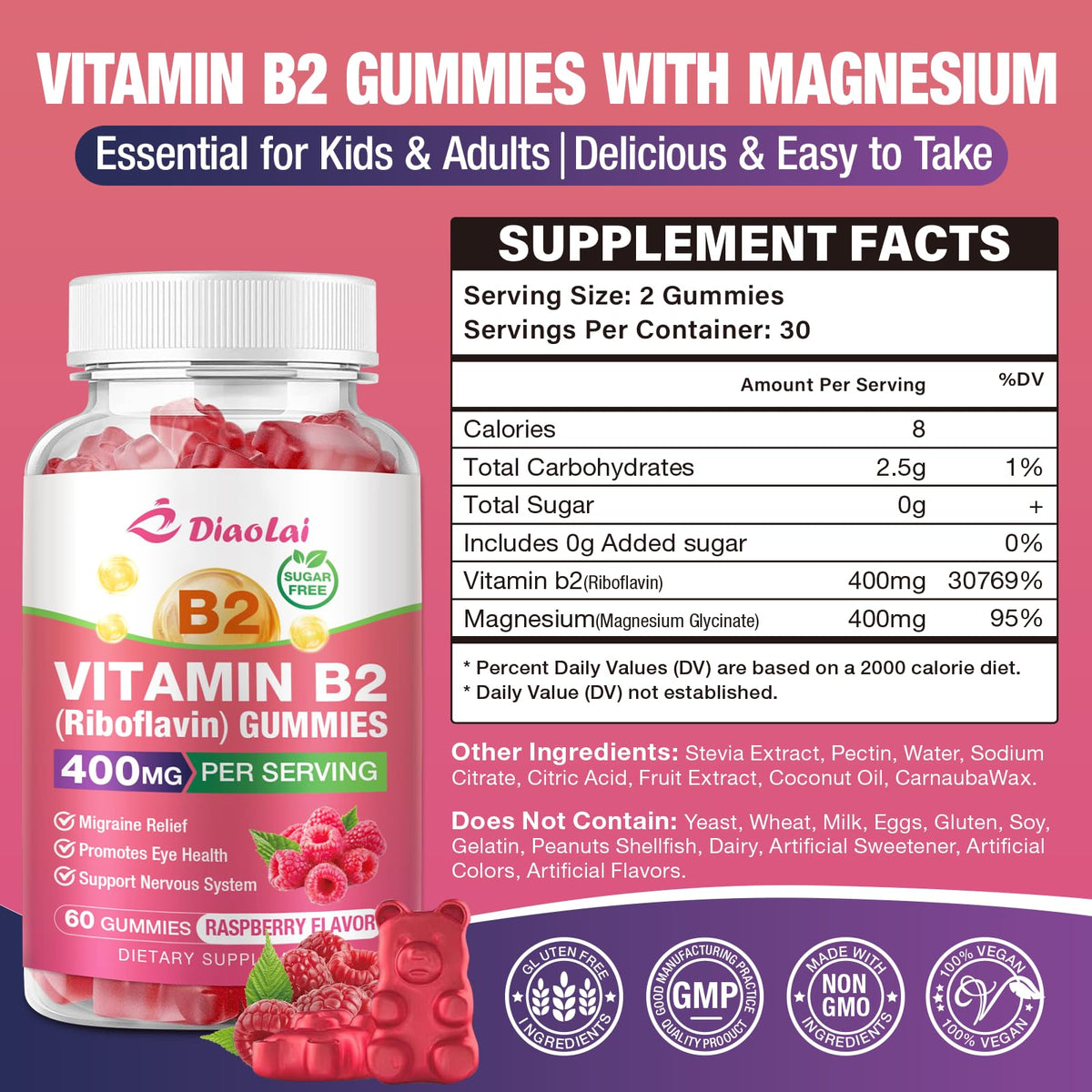 DIAOLAI Gélules de Vitamine B2 400mg, détail des gélules framboise