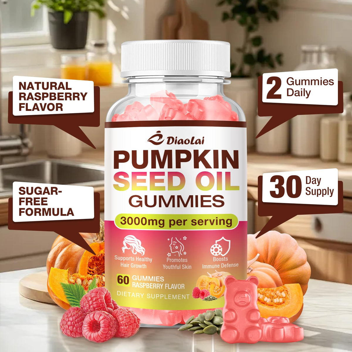 DIAOLAI Gummies à l'Huile de Graines de Citrouille, prise en main