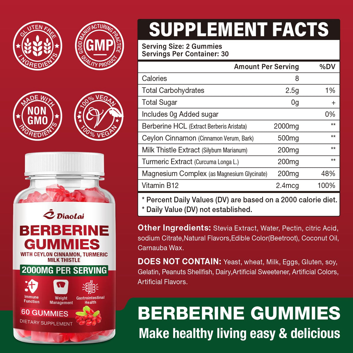 DIAOLAI Gummies de Berbérine 2000mg avec une poignée de gummies
