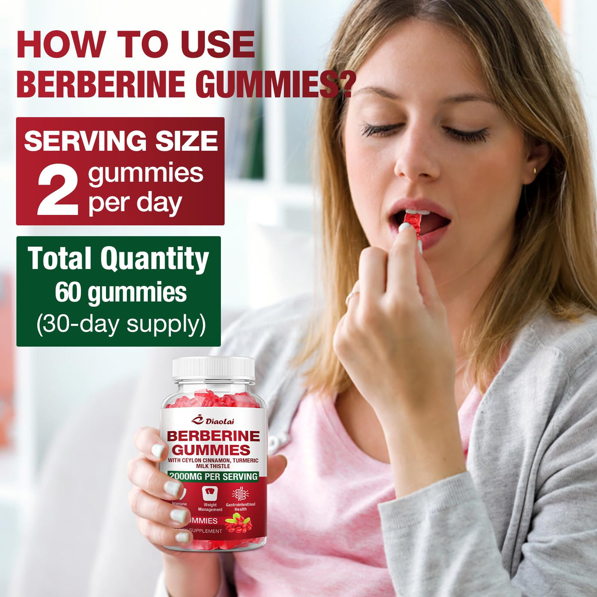 DIAOLAI Gummies de Berbérine 2000mg en gros plan sur un fond blanc