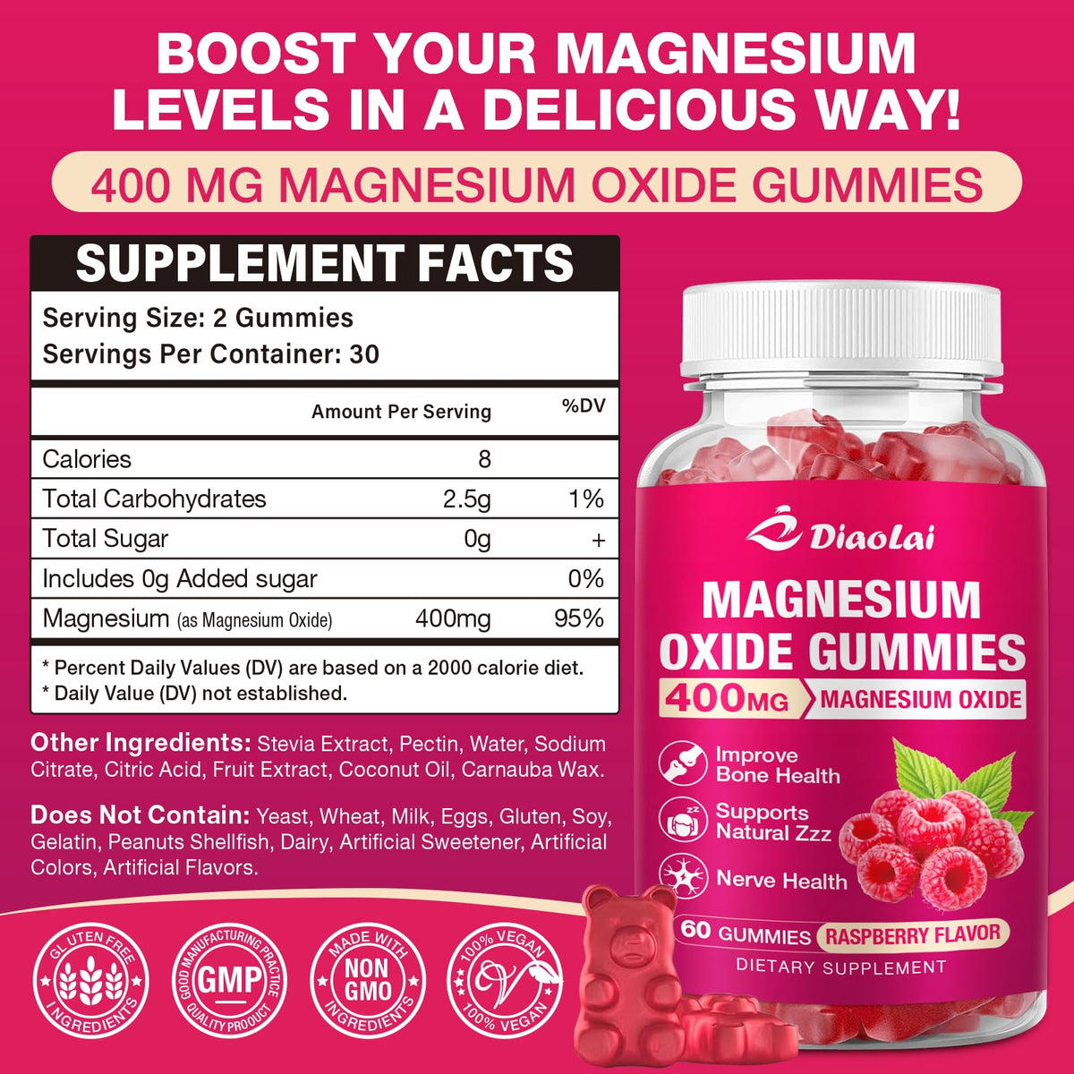 DIAOLAI Gummies de Magnésium 400mg, vue de côté de la bouteille