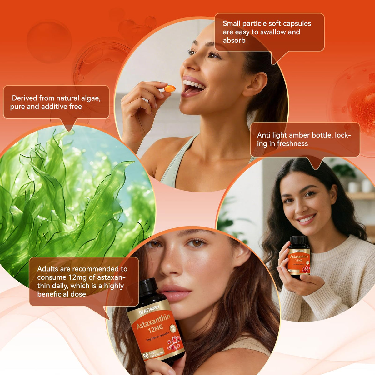 DIATMOON Astaxanthin 12mg avec vue de l'intérieur du flacon