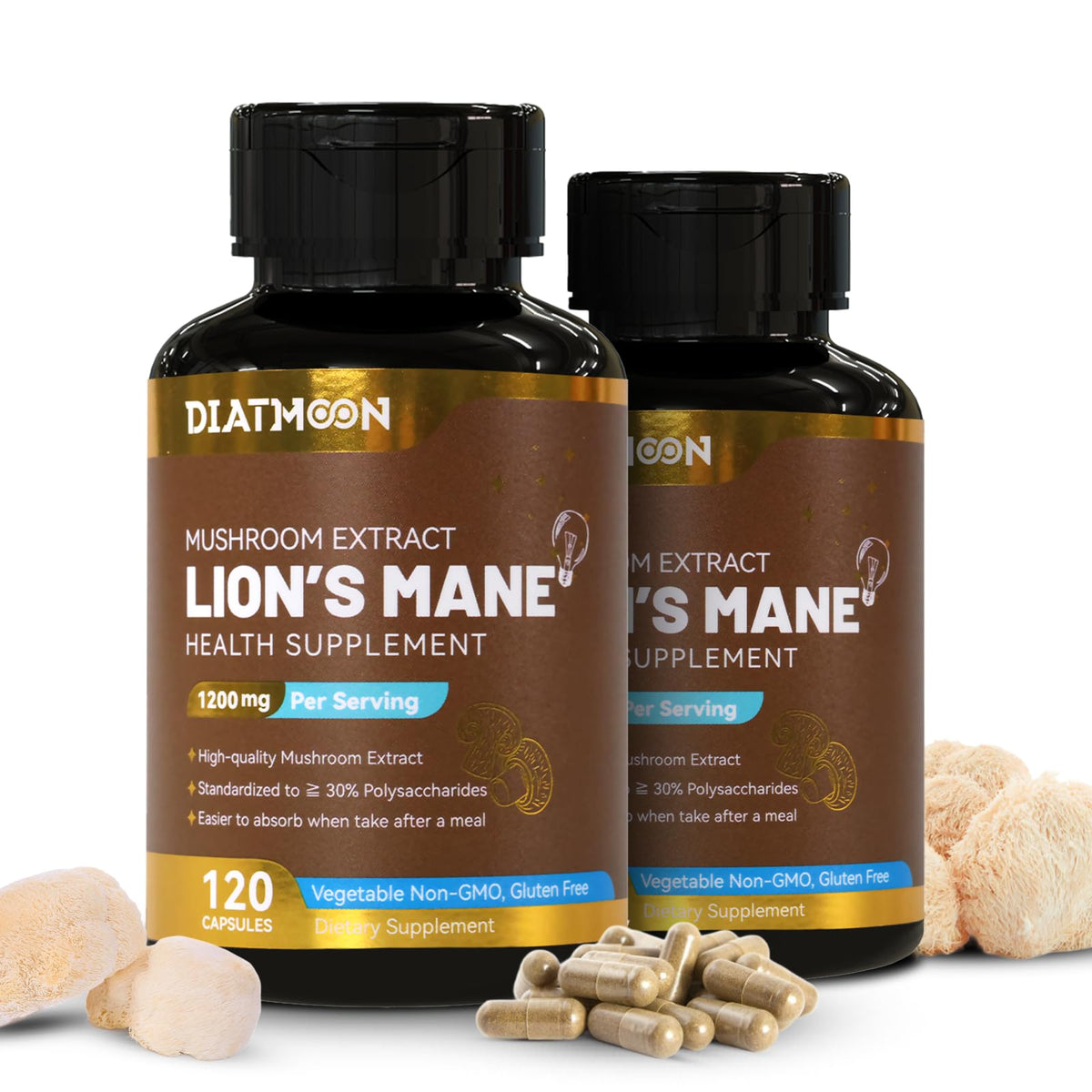 DIATMOON Capsules de Lion’s Mane 1200mg, bouteille vue de face