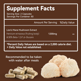 DIATMOON Capsules de Lion’s Mane 1200mg, étiquette et informations nutritionnelles