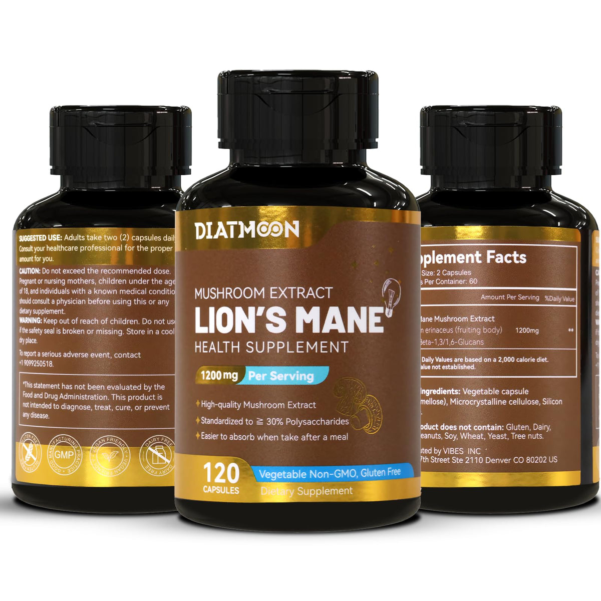DIATMOON Capsules de Lion’s Mane 1200mg, présentation des capsules sur une surface blanche