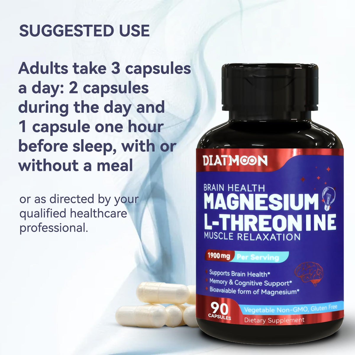 DIATMOON Magnésium L-Thréonate 90 capsules sur fond blanc