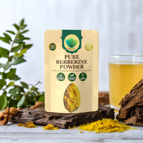 Dibesity poudre de berbérine sur une table avec des ingrédients naturels