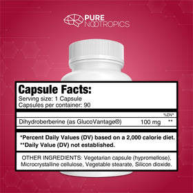 Dihydroberbérine GlucoVantage 100 mg, capsule ouverte montrant la taille
