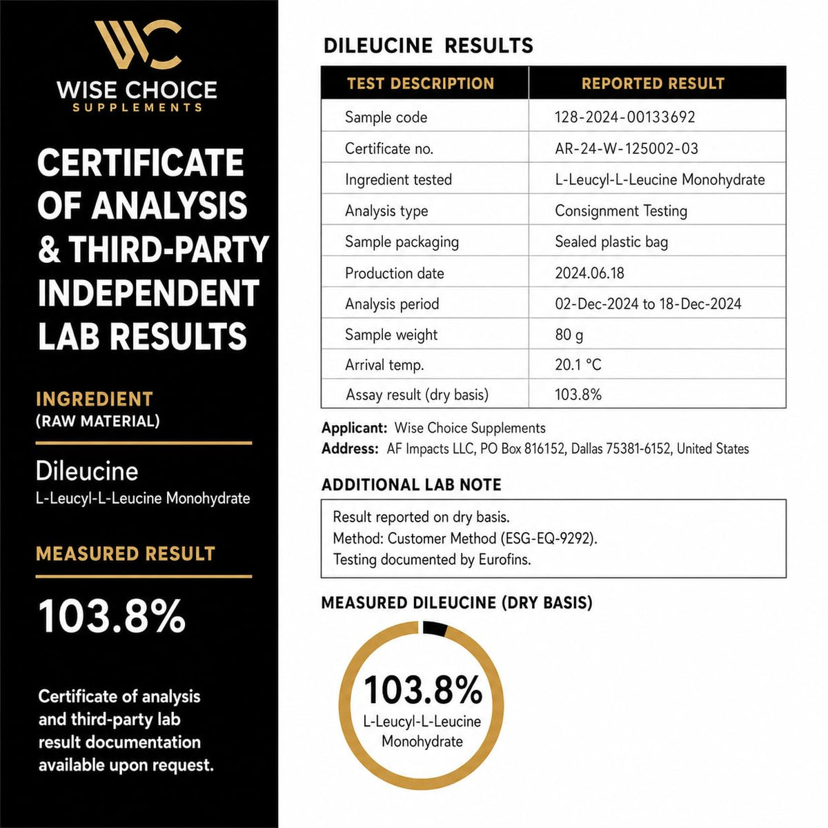 Dileucine Peptide 2000mg WISE CHOICE SUPPLEMENTS poudre dans un verre